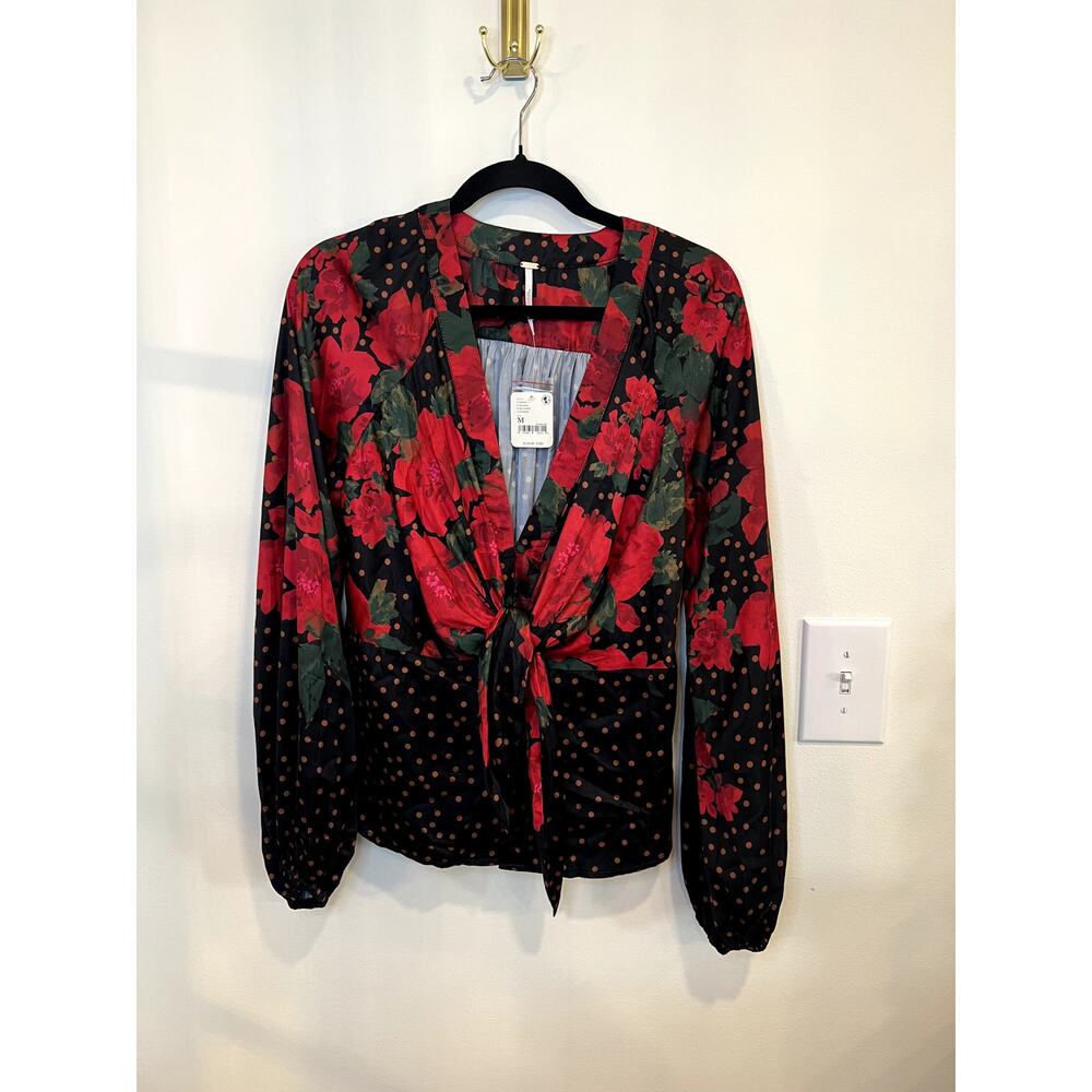 Free People NWT Floral Tie Front Blouse Boho Polka Dot Top M